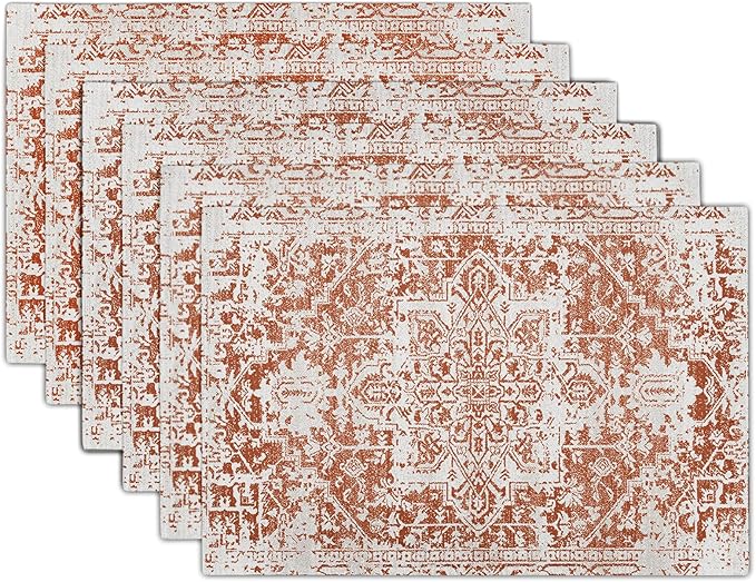 Gray Burnt Orange Boho Placemats Set of 6 Ethnic Bohemian Carpet Place Mats Washable Kitchen Dining Vintage Grey Geography Floral Linen Table Mats Stain Heat-Resistant for Home Party Indoor 12x18 in