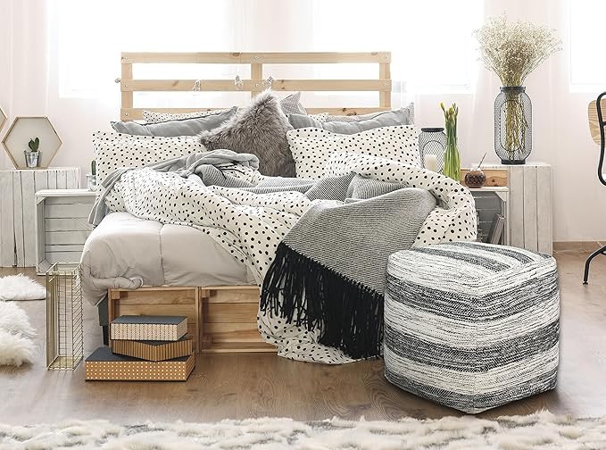 COTTON CRAFT Handwoven Stripe Dhurrie Pouf - Ottoman Foot Stool Bean Bag - Dorm Bedroom Home Décor Accent Seating - Boho Modern Comfortable Prefilled Cotton Pouf Footrest - 16 inch Square - Black