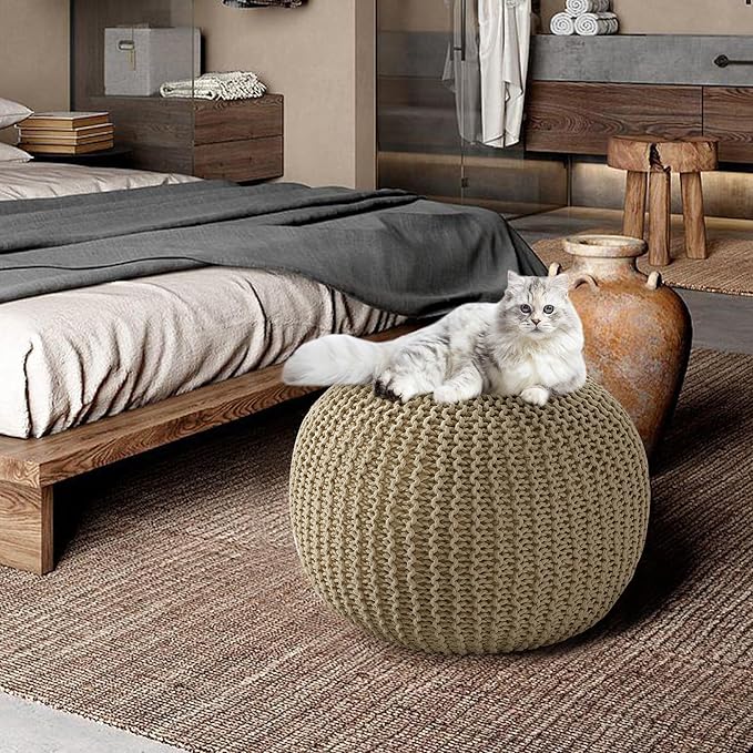 HOMBYS Unstuffed Ottoman Pouf Cover, 100% Cotton Handmade Knitted Ottoman Pouf Cover Round Foot Stool, Floor Bean Bag Chair, Foot Rest Storage for Living Room Bedroom, Khaki(Cover ONLY NO Filler)