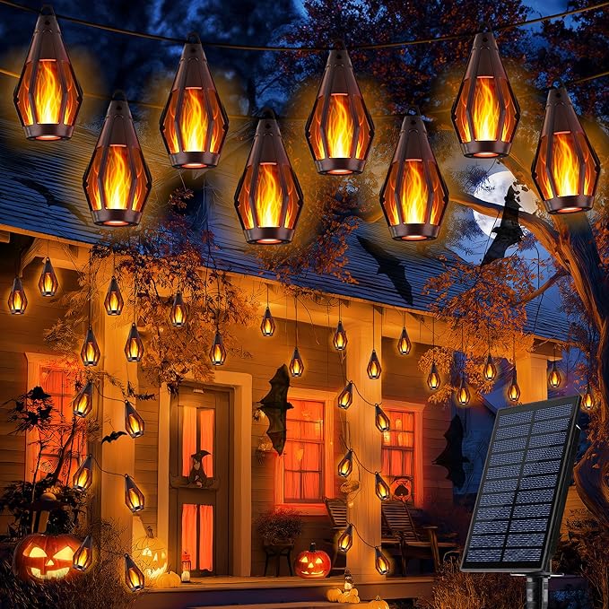 iBaycon Solar Halloween Lights, 27Ft 10 LED Bulbs Flickering Flame String Light, Outdoor Waterproof Solar Flame Lights for Garden Yard Patio Halloween Decorations (Warm White)
