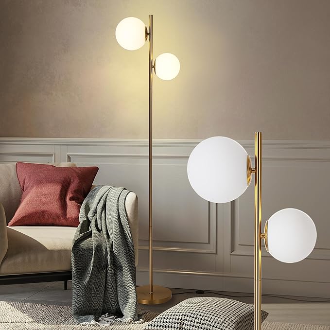 COTULIN 2 Globe Floor Lamp for Living Room, 7.1 Inch Sphere Mid Century Modern Floor Gold Lamp for Bedroom,Brass Standing Tall Pole Lamp with White Frosted Glass Shade,Office Home Decor