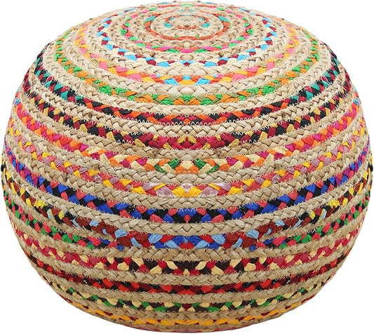 COTTON CRAFT Jute Chindi Pouf Ottoman – One of a Kind Jute Cotton Braided Moroccan Boho Kilim Foot Stool Bean Bag Accent Seating – Bedroom Dorm Kids Room Rustic Decorative Round Pouf – 18x14 - Multi