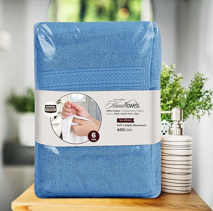 Utopia Towels 6 Pack Premium Hand Towels Set, 16 by 28 inches, 100% Ring Spun Cotton, Ultra Soft and Highly Absorbent 600GSM Towels for Bathroom, Gym, Shower, Hotel, and Spa, Electric Blue
