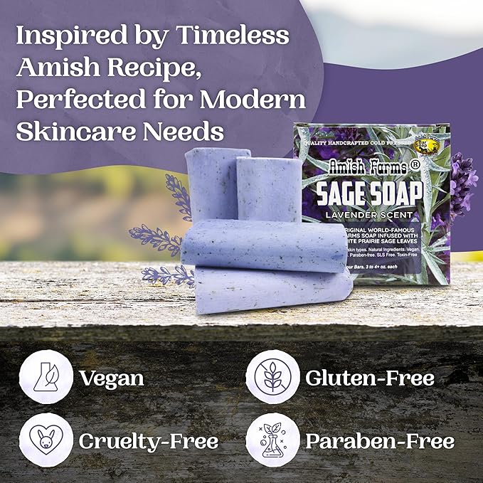 Amish Farms Sage Soap Bar with Bentonite Clay for Face & Body, Lavender Scent (1 Bar) Handmade in USA, Cold Processed Body Soap Bars for Women and Men - Gentle for Sensitive Skin, 4 Ounce Each