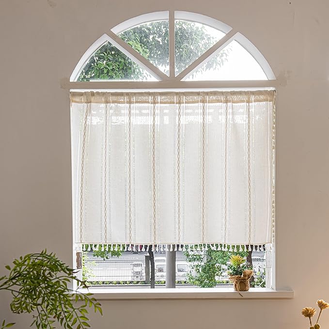 Sutuo Home Ivory Boho Curtain 52W x 36L inch White Striped Light Filtering Short Valance Tier, 1 Panel Embroidery Bohemian Farmhouse Country Kitchen Window Treatment Decor for Small Closet
