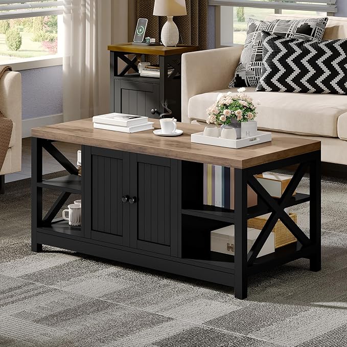 YITAHOME Coffee Table with Storage, Farmhouse Coffee Tables for Living Room, Rectangle Coffee Table 2 Tiers Shelf, CenterTable Space Saving Living Room Small Tables Easy Assembly, Brown and Black