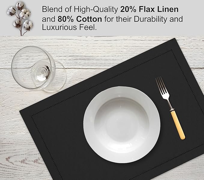Ruvanti Linen Placemats Set of 6-13x19 Inch, Classic Hemstitch, Heat Resistant Machine Washable Place Mats, Soft & Elegant- Perfect for Christmas, Thanksgiving, Easter, Weddings, Dinner - Black