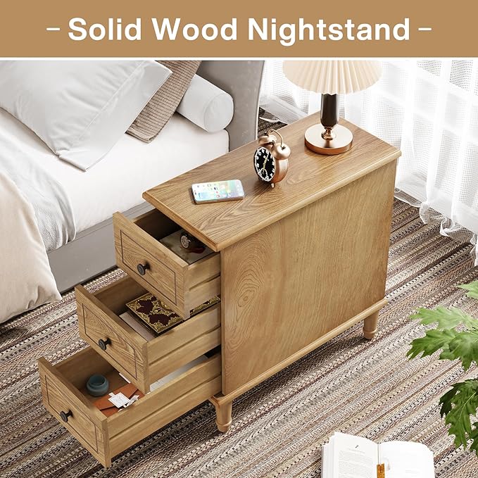 Tribesigns Solid Wood End Table, Fully Assembled Narrow Side Table with Drawers, Pre-Assembled Nightstand Slim Bedside Table for Small Spaces, Living Room, Bedroom, Wood Color, 2 Pcs