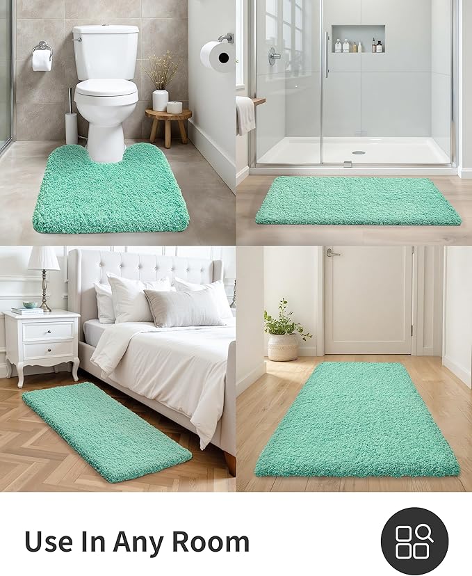 ILANGO Spa Blue Toilet Rugs U Shaped 22" × 24" Non Slip & Super Absorbent Extra Thick Soft, Washable Bath Mats for Bathroom Floor, Microfiber Plush Shaggy Contour Bath Rugs for Toilet,Dry Quick