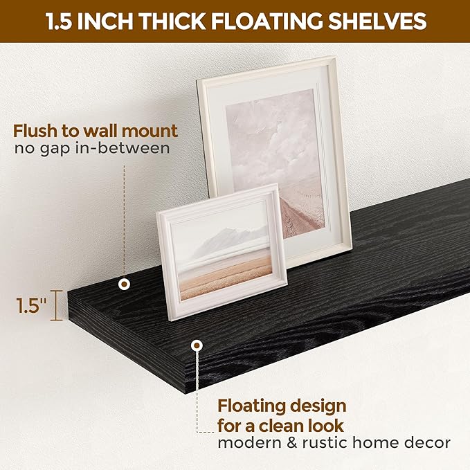 55 Inch Black Floating Shelves, 9.3 Inch Deep Wall Mounted Floating Shelf, 55 x 9.3 Large Storage Wall Shelf for Living Room, Floating TV Stand, Farmhouse Rustic 55" Long Fireplace Mantel