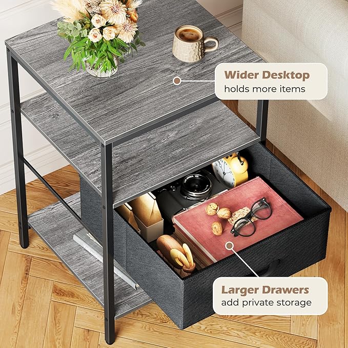 SUPERJARE Night Stand with Charger Station, 27.7 Inch Tall Nightstand with Adjustable Fabric Drawer, Bed Side Table, Fabric Drawer Dresser for Bedroom, Living Room, Charcoal Gray and Black