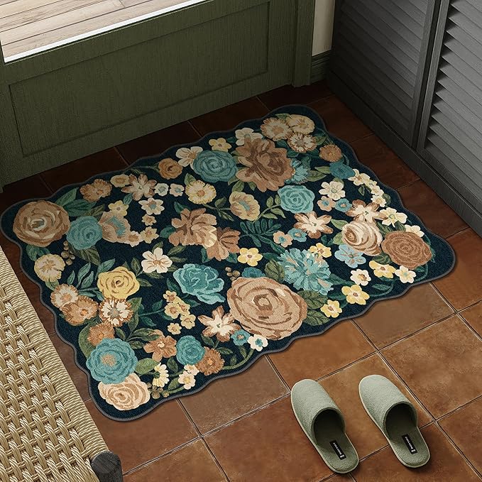 Washable Floral Area Rug 2x3 Black Small Entryway Carpet Scalloped Flower Non Slip Soft Entrance Door Mat Farmhouse Low Pile Indoor Thin Floor Cover for Bathroom Kitchen Bedroom Laundry Room
