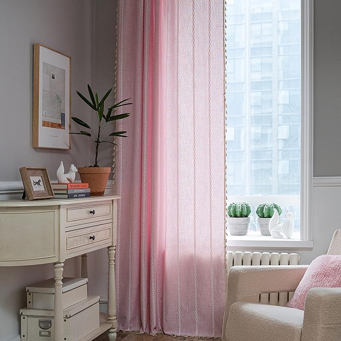 Sutuo Home Boho Curtain for Bedroom Living Room 63 Inch Length, Light Filtering Country Farmhouse Vintage Shabby Chic Tassels Window Treatment Bohemian Drape, 1 Panel 52" W x 63" L, Pink