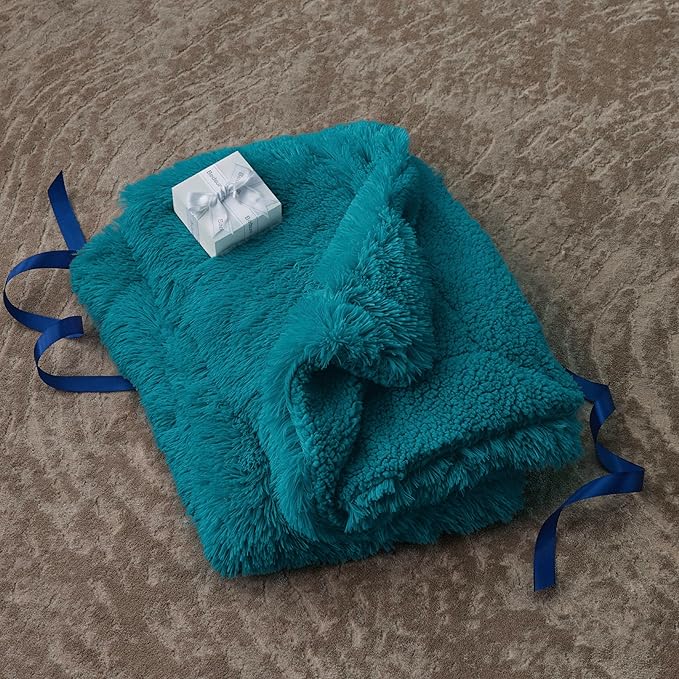 Bedsure Fluffy Turquoise Teal Blankets Queen Size for Bed, Thick Sherpa Faux Fur Fleece Fuzzy Plush Winter Warm Soft Full Queen Blankets, Bedroom Decor Teal Gifts Cozy Gifts for Women Men, 90x90