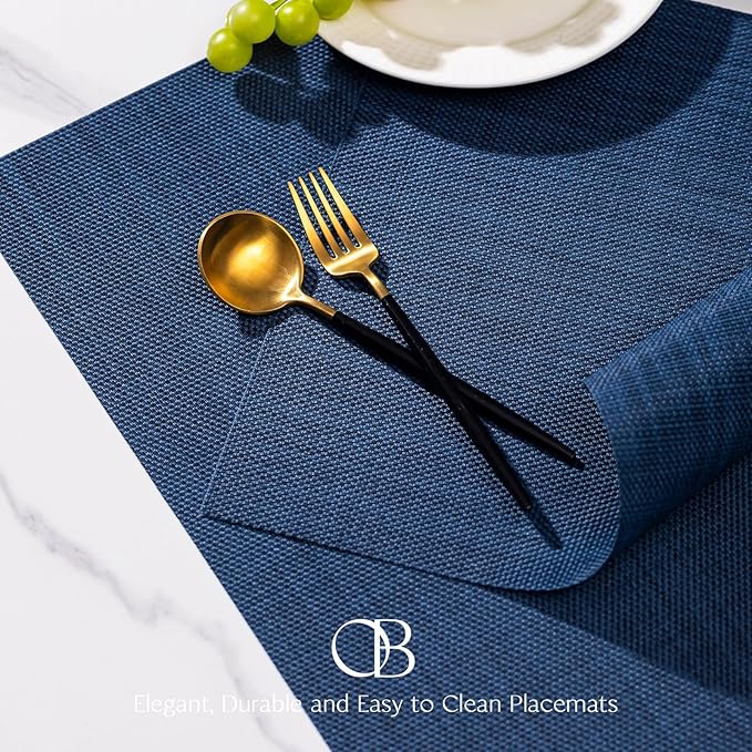 Placemats Set of 8 - Easy Clean Woven Vinyl Placemats for Dining Table, Indoor/Outdoor Place Mats, Washable PVC Table Mats(Navy Blue)
