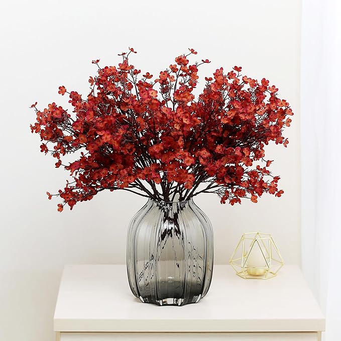 JAKY-Global Babys Breath Silk Artificial Flowers Bulk 6pcs Farmhouse Fall Decor Fake Flower Bouquet Bulk for Home Kitchen Indoor Floral Arrangement Centerpieces Party Decor(Burnt Red Brown)