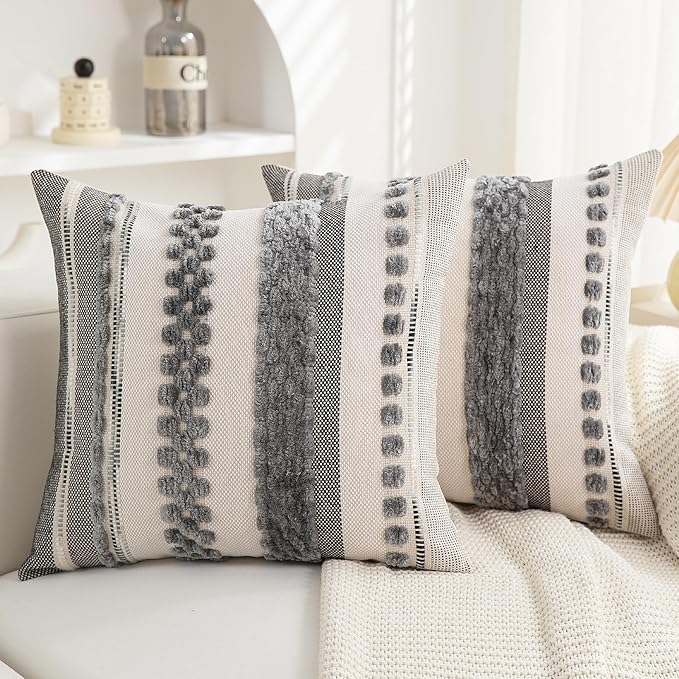 Throw Pillow Covers 18x18 Set of 2 for Couch-Modern Farmhouse Sofa Decorative Boho Pillow Covers Textured Chenille Cushion Covers Outdoor Netural Bohemian Pillow Cases Grey