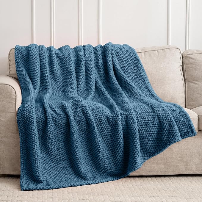 Blue Soft Fleece 300GSM Twin Blanket for Couch Cozy Flannel Room Decorative Blankets, Lightweight Plush Blanket for Bed Sofa, 60x80