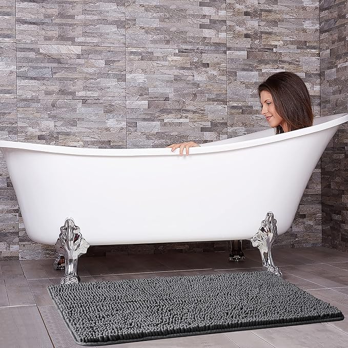 LOCHAS Luxury Bathroom Rug Shaggy Bath Mat 20 x 30 Inch, Washable Non Slip Bath Rugs for Bathroom Shower, Soft Plush Chenille Absorbent Carpets Mats, Gray