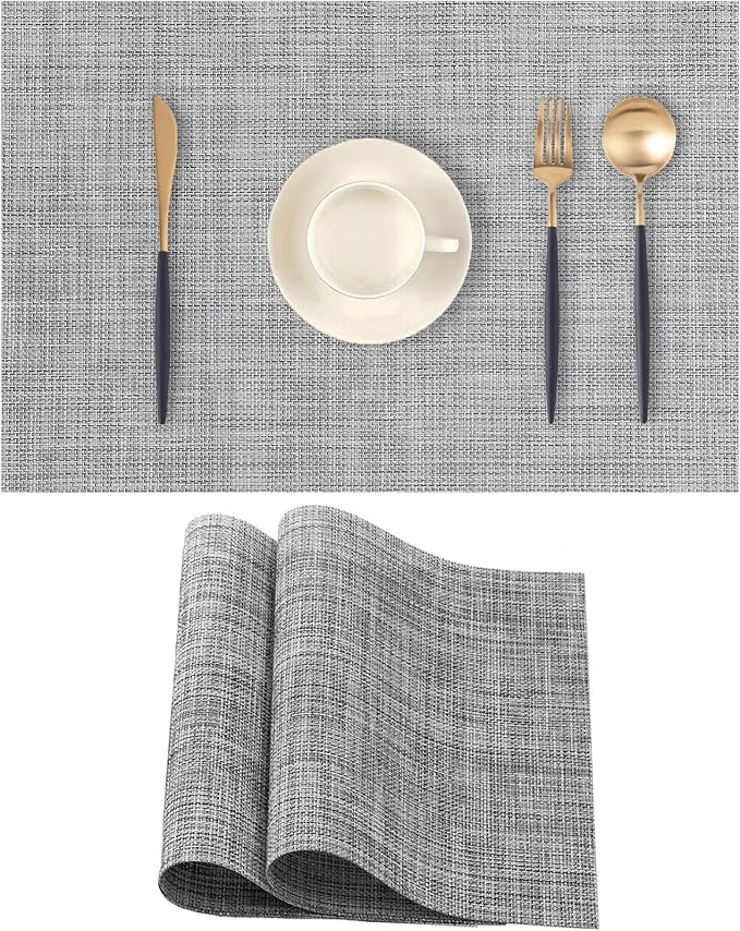 Grey Placemats Set of 2 - Heat Resistant Non-Slip Place mats for Dining Table, Washable Durable PVC Vinyl Woven Table Mats (Grey, 2)