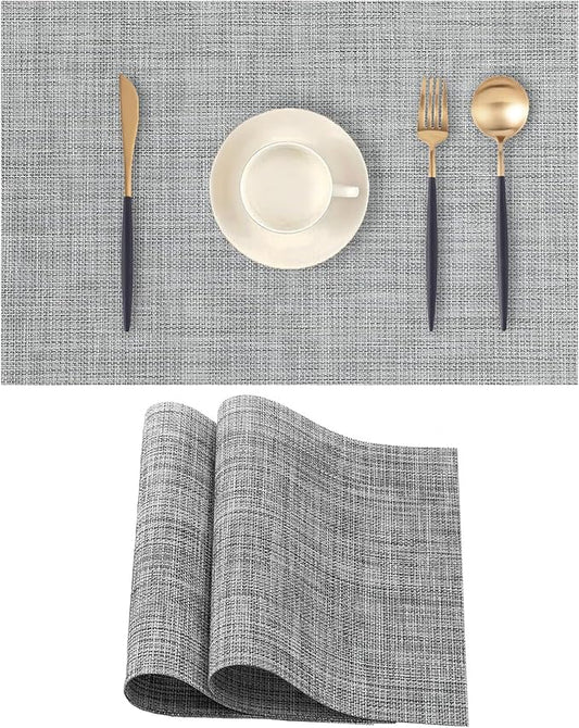 Grey Placemats Set of 2 - Heat Resistant Non-Slip Place mats for Dining Table, Washable Durable PVC Vinyl Woven Table Mats (Grey, 2)