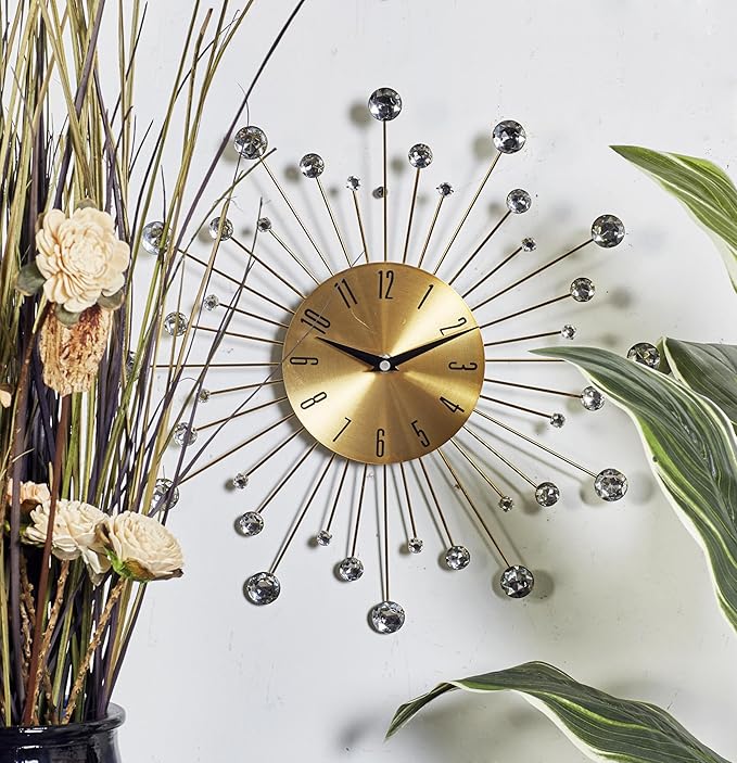 Deco 79 Metal Starburst Decorative Wall Clock With Crystal Accents for Home and Room, 14" x 1" x 14", Gold