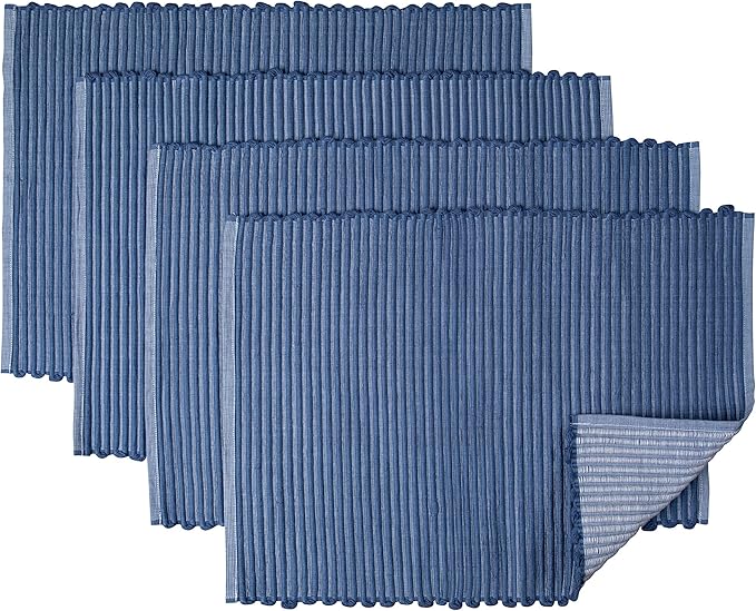 Sticky Toffee Woven Cotton Placemats Set of 4, Blue Ribbed 14 x 19 in, Washable Table Mats for Kitchen or Dining Table