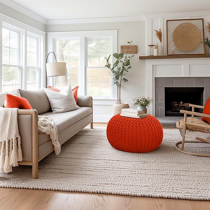 COTTON CRAFT Round Pouf - Hand Knitted Cotton Braid Cord Cable Dori Ottoman - Foot Stool Floor Pouf Footrest Accent Seat Furniture Bean Bag - Living Room Kids Room Nursery Dorm Décor - 20x14 - Orange