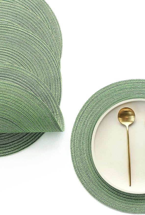 Floroom 15 Inch Round Braided Placemats Set of 4, Washable Heat Resistant Cotton Polyester Circle Place Mats for Kitchen Dining Table - Forest Green