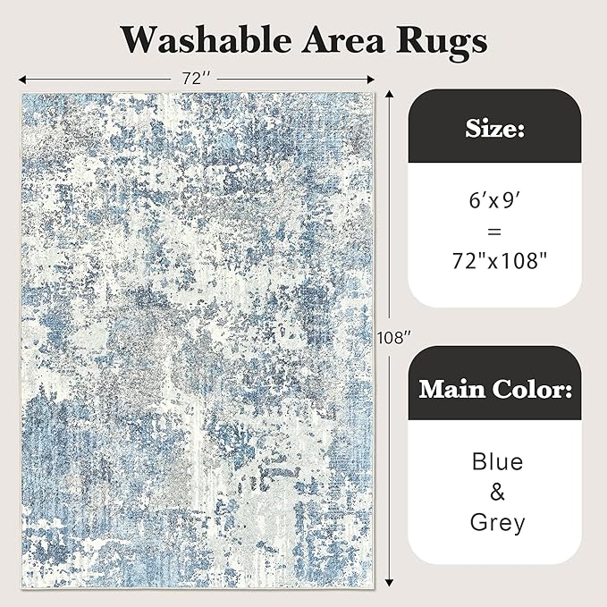 Art&Tuft Washable Rug, Anti-Slip Backing Abstract 6x9 Rug, Stain Resistant Rugs for Living Room, Foldable Machine Washable Area Rug (TPR53-Blue, 6'x9')