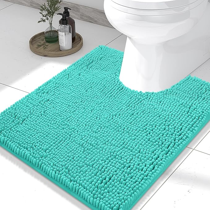 Smiry Luxury Chenille Toilet Rugs U-Shaped 24x20, Soft Absorbent Non-Slip Contour Bathroom Rugs for Toilet, Machine Washable Contoured Bath Mats, Turquoise