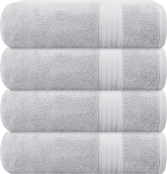 GLAMBURG Premium Cotton 4 Pack Bath Towel Set - 100% Pure Cotton - 4 Bath Towels 27x54 - Ideal for Everyday use - Ultra Soft & Highly Absorbent - Light Grey