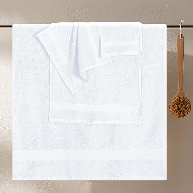 GLAMBURG Ultra Soft 8-Piece Towel Set - 100% Pure Ringspun Cotton, Contains 2 Oversized Bath Towels 27x54, 2 Hand Towels 16x28, 4 Wash Cloths 13x13 - Ideal for Everyday use, Hotel & Spa - White