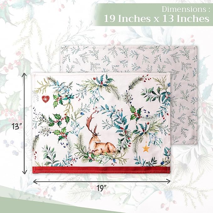 Maison d' Hermine Placemats Set of 4 100% Cotton Washable Cloth Place Mats, Reusable Table Mats for Kitchen Dining Decoration, Party, Wedding, Restaurant (Holly Time, 13" x 19")