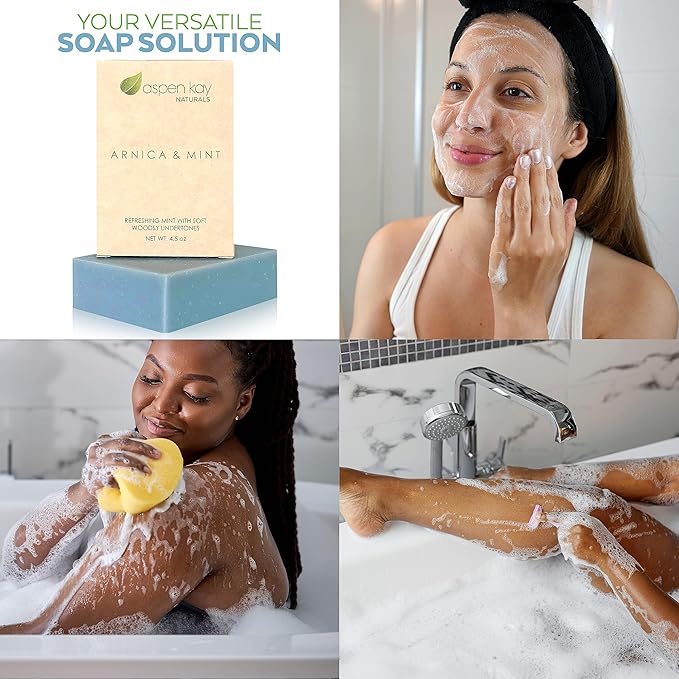 Aspen Kay Naturals Handmade Arnica & Mint Soap. Vegan, Cold processed - Olive, Shea Butter, Coconut, Essential, And Palm oil. All Skin Types & Sensitive Skin, Made in the USA (3 Pack)