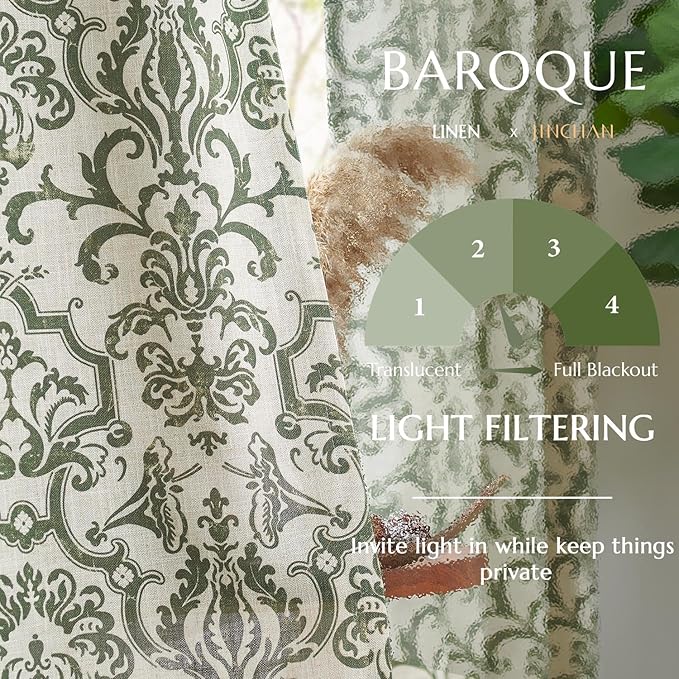 jinchan Linen Curtains for Bedroom & Living Room - Moss Green Damask Patterned Curtains, 84 Inches Long, Light Filtering, Vintage Baroque Style Drapes with Grommet Window Treatments - 2 Panels Set