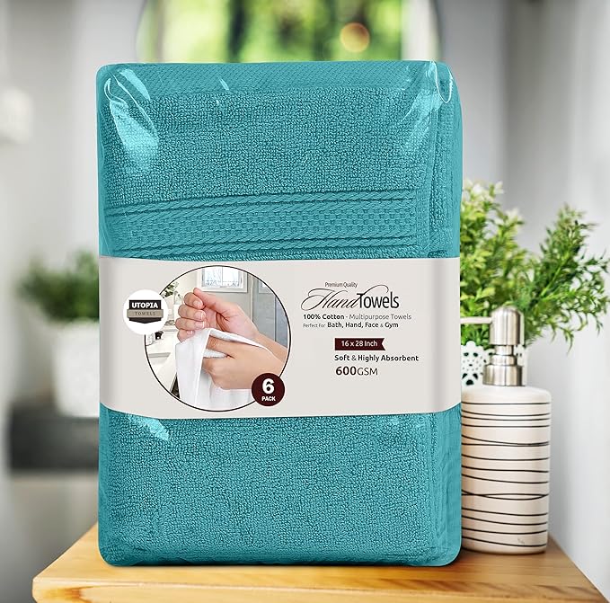 Utopia Towels 6 Pack Premium Hand Towels Set, 16 by 28 inches, 100% Ring Spun Cotton, Ultra Soft and Highly Absorbent 600GSM Towels for Bathroom, Gym, Shower, Hotel, and Spa, Turquoise