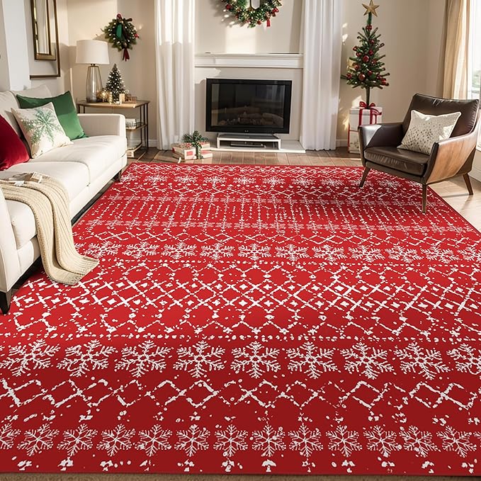 Christmas Area Rugs 8x10 for Living Room Red Snowflake Plaid Decorative Modern Rug Holiday Decor Geometric Non Slip Rug Washable Carpet for Bedroom Dining Room