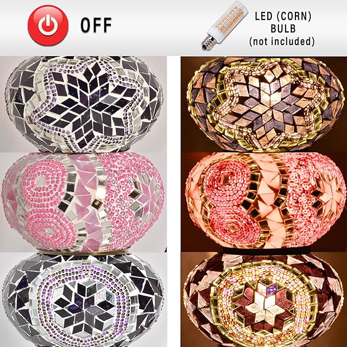 mozaist 3 Mosaic Sphere Turkish Table Lamp, Purple Basil, Handmade Glass Beads and Metal, Boho Style Vintage Living Room, Dining Room Farm Decor Colorful Light with US Plug&E12 Socket