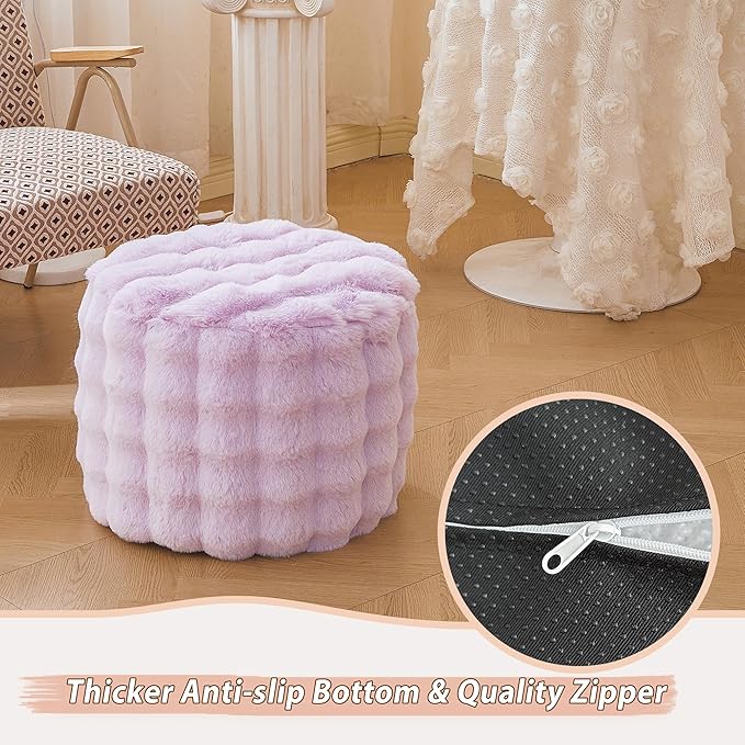 LIFEREVO Faux Rabbit Fur Round Inflatable Pouf Ottoman, 20 X 16 Plush Waffle Bubble Floor Poufs Foot Rest Living Room Bedroom, Light Purple Furry Pouf Foot Stool for Girls Adults, Anti-Slip, Lavender