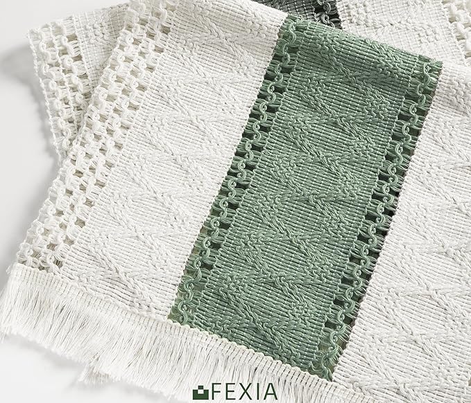 FEXIA Sage Green Boho Placemats Set of 4, Macrame Table Decor and Farmhouse Style Placemats Natural Cotton Burlap, for Dining Table