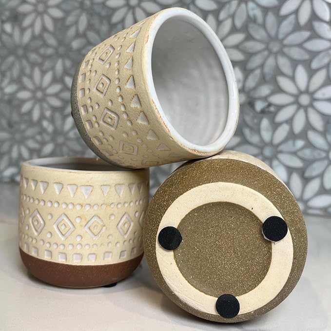 Admired By Nature Set of 3 Modern 3" Ceramic Flower Plant Planters, Ceramic Pot Planter Indoor Ceramic, Houseplant Cactus Ceramic Pot, Decorative Planter for Indoor Succulent Plant Home Décor, Tan