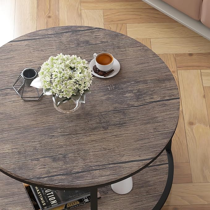 NSdirect Round Coffee Table, 27.6" Small Wood Coffee Table for Living Room, Rustic Modern Farmhouse Style, 2-Tier Storage Shelf Compact Space-Saving Design for Small Spaces, Walnut