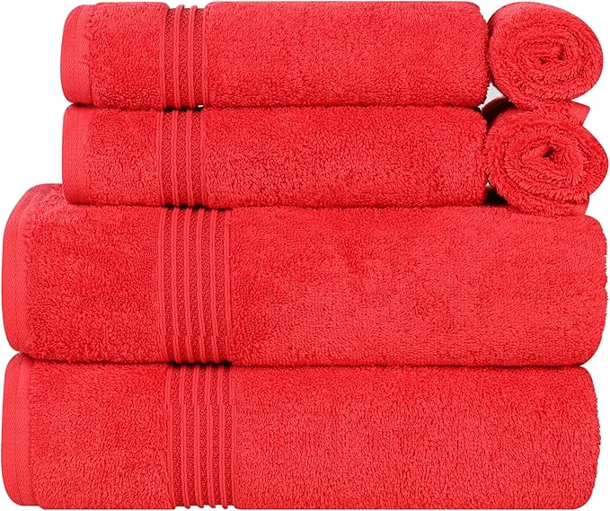Superior Egyptian Cotton 6-Piece Towel Set, Assorted Towels for Home Bathroom, Master, Guest Bath, Decor Essentials, Includes 2 Bath, 2 Hand, 2 Face Towels/Washcloths, Quick Dry, Absorbent, Red