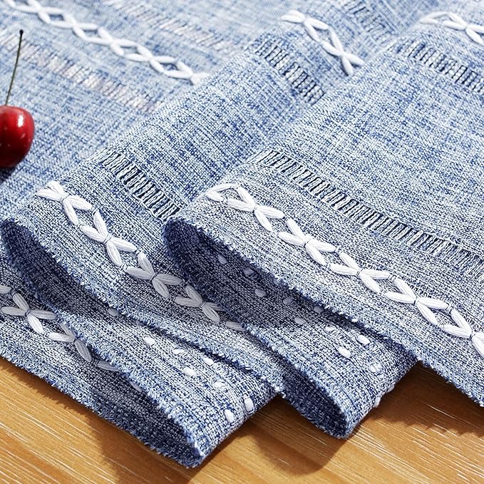 Rustic Farmhouse Style Linen Table Runner, Boho Handmade Tassel Hemstitched Embroidered Small Table Runners 48 Inches Long for Holiday Party, Dresser and Dining Decorations, 13 x 48 inch - Blue