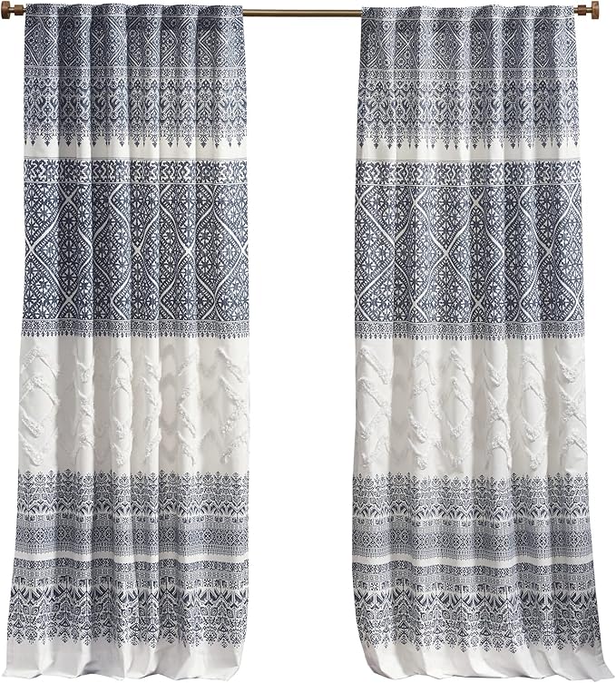INK+IVY Mila 100% Cotton Single Panel Curtain Tufted Chenile Boho Design Rod Pocket Top Drape for Living Room, Privacy Window Treatment for Bedroom, 50" x 84", Navy/White