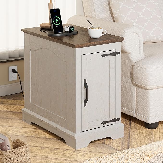 Narrow End Table with Storage, Farmhouse Side Table with Power Outlets & USB Ports, Small Night Stand for Living Room, for Bedroom, Living Room (Wood Door, White & Espresso)
