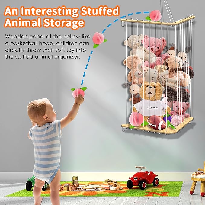 Stuffed Animal Storage Wood Corner Plush Toys Holder, 2-in-1 Splice and Length Adjustable Hanging Stuffed Animal Toy Organizer Shelf for Nursery Kid Room Play Room Bedroom (2PCS)