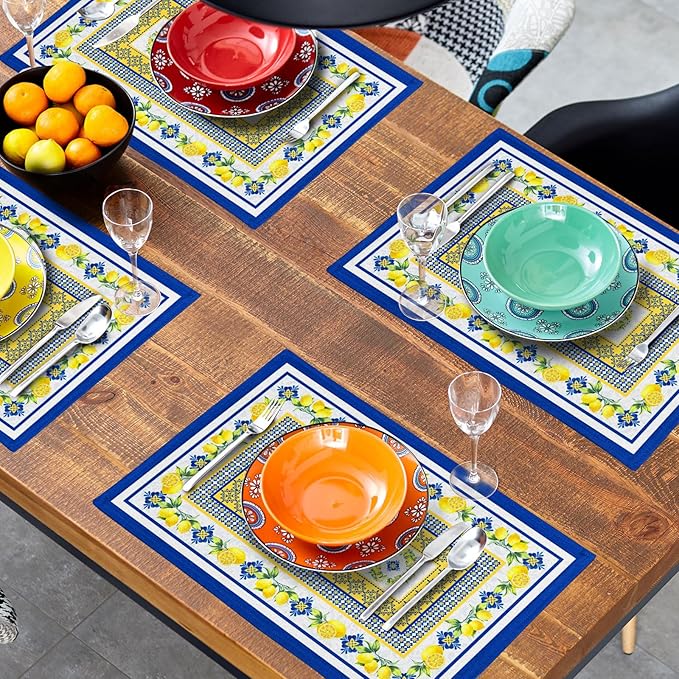 Lemon Summer Table Placemats for Dining 12 x 18 Inch Set of 4,Blue Yellow Boho Heat-Resistant Washable Table Non-Slip Rectangle Place Mat for Seasonal Party Kitchen Dining Table Decor