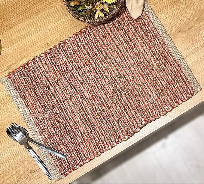 Chardin home Natural Jute - Ombre Rust Orange Placemats, Set of 4 13x19 Inch Table Mats, Rustic Handmade Boho Placemat, Perfect for Holidays, Dinner Parties and Also Everyday Meals